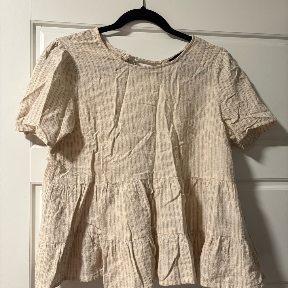 Lumiere Beige Striped Peplum Blouse